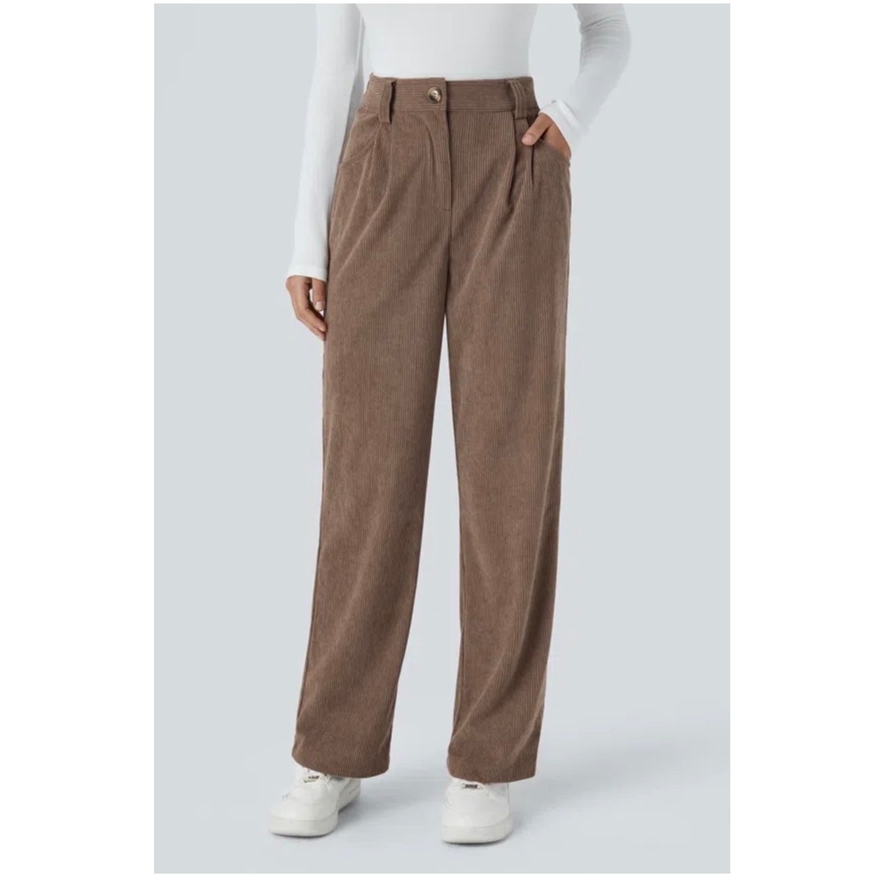 Halara Brown Corduroy High Waisted Wide Leg Pleated Pants Large